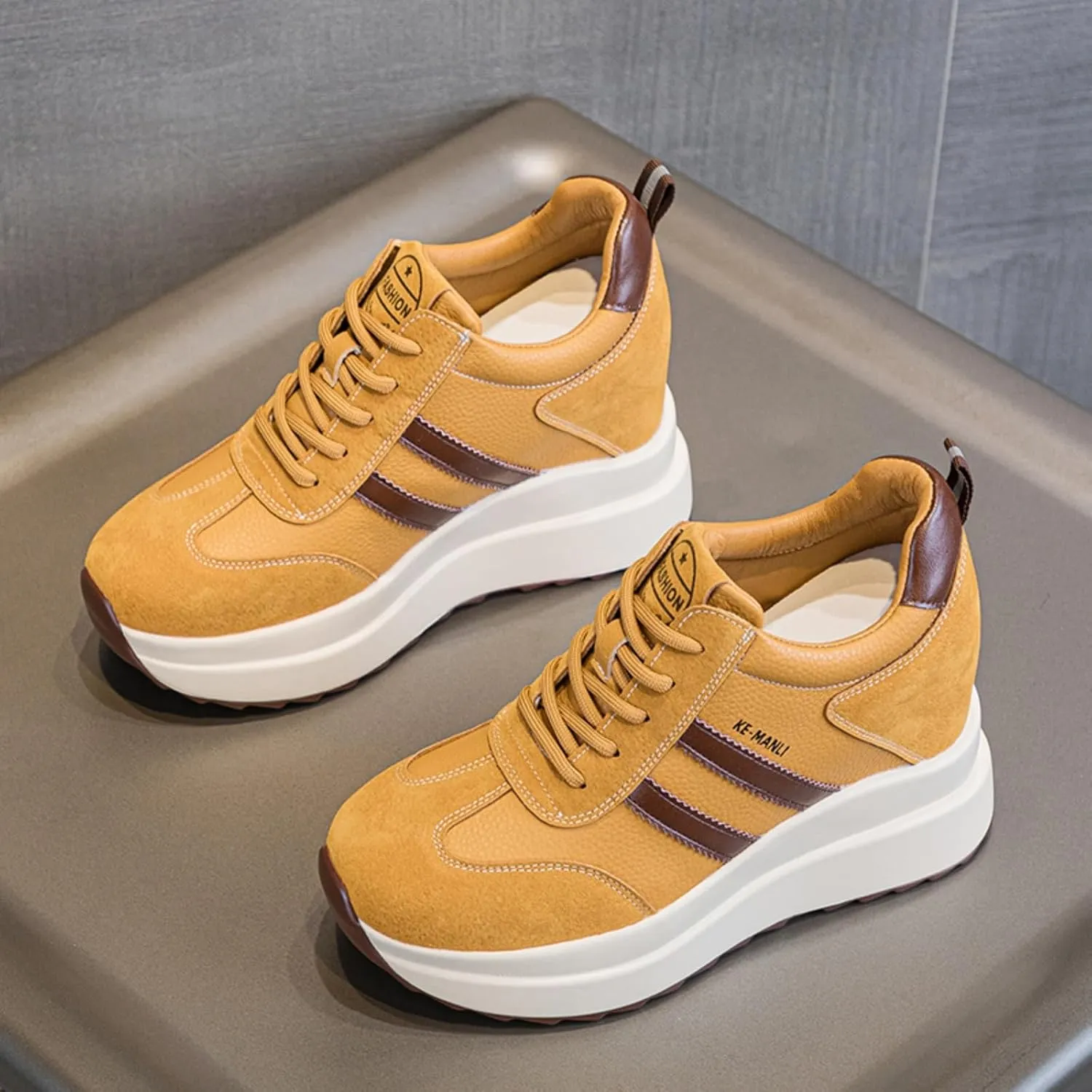 Platform Sneakers for Women - High Hidden Heel Wedge Fashion Leather Chunky Lace up Wedge Tennis Shoes Increasing 3.94 inch