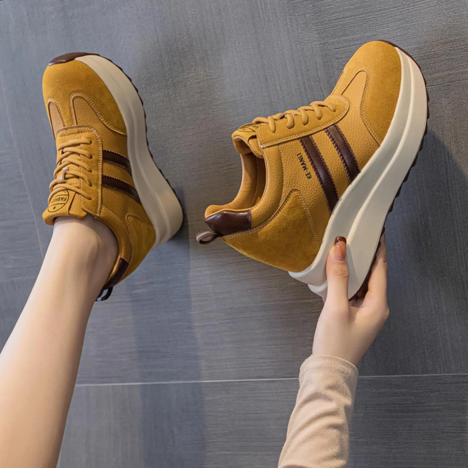Platform Sneakers for Women - High Hidden Heel Wedge Fashion Leather Chunky Lace up Wedge Tennis Shoes Increasing 3.94 inch
