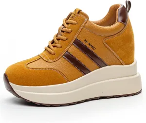 Platform Sneakers for Women - High Hidden Heel Wedge Fashion Leather Chunky Lace up Wedge Tennis Shoes Increasing 3.94 inch