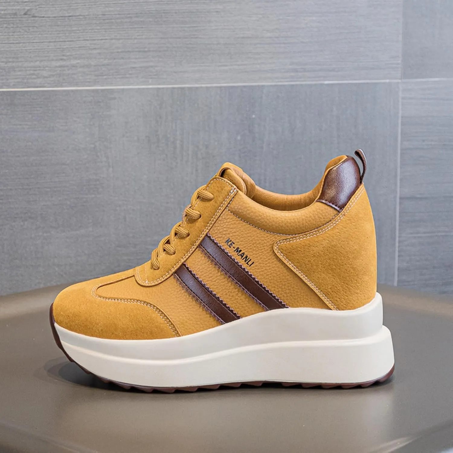 Platform Sneakers for Women - High Hidden Heel Wedge Fashion Leather Chunky Lace up Wedge Tennis Shoes Increasing 3.94 inch