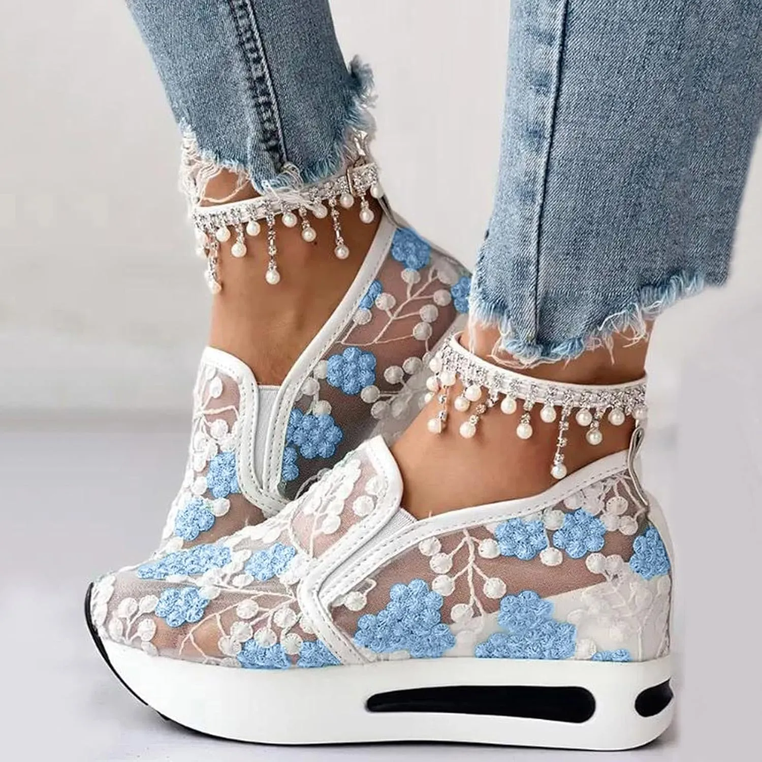 Platform Wedge Sneakers for Women Fashion Mesh Shoes Embroidery Slip On Womens Loafers Comfortable Dressy Chunky Sole High Heels Breathable Walking Shoes with Arch Support