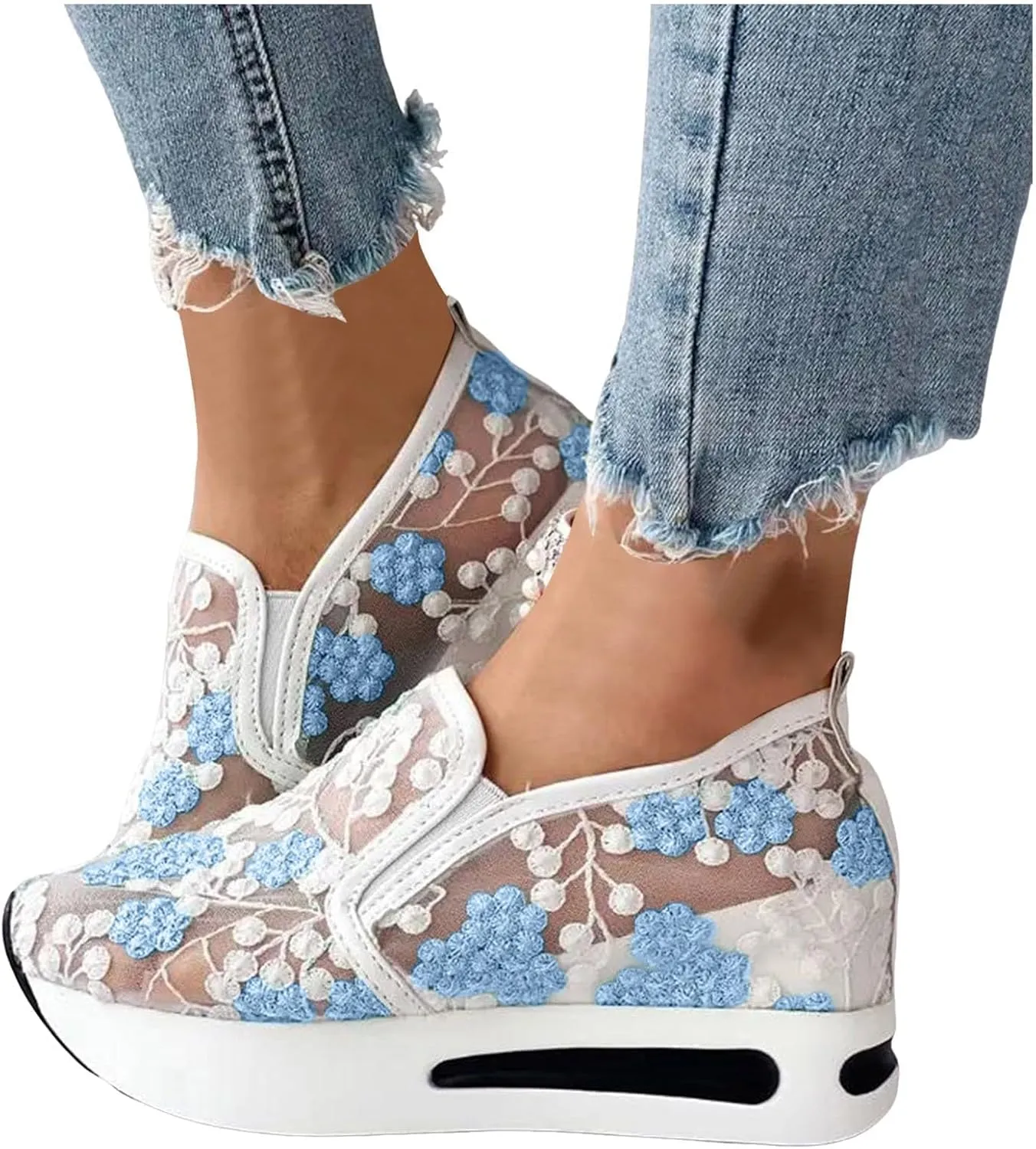 Platform Wedge Sneakers for Women Fashion Mesh Shoes Embroidery Slip On Womens Loafers Comfortable Dressy Chunky Sole High Heels Breathable Walking Shoes with Arch Support