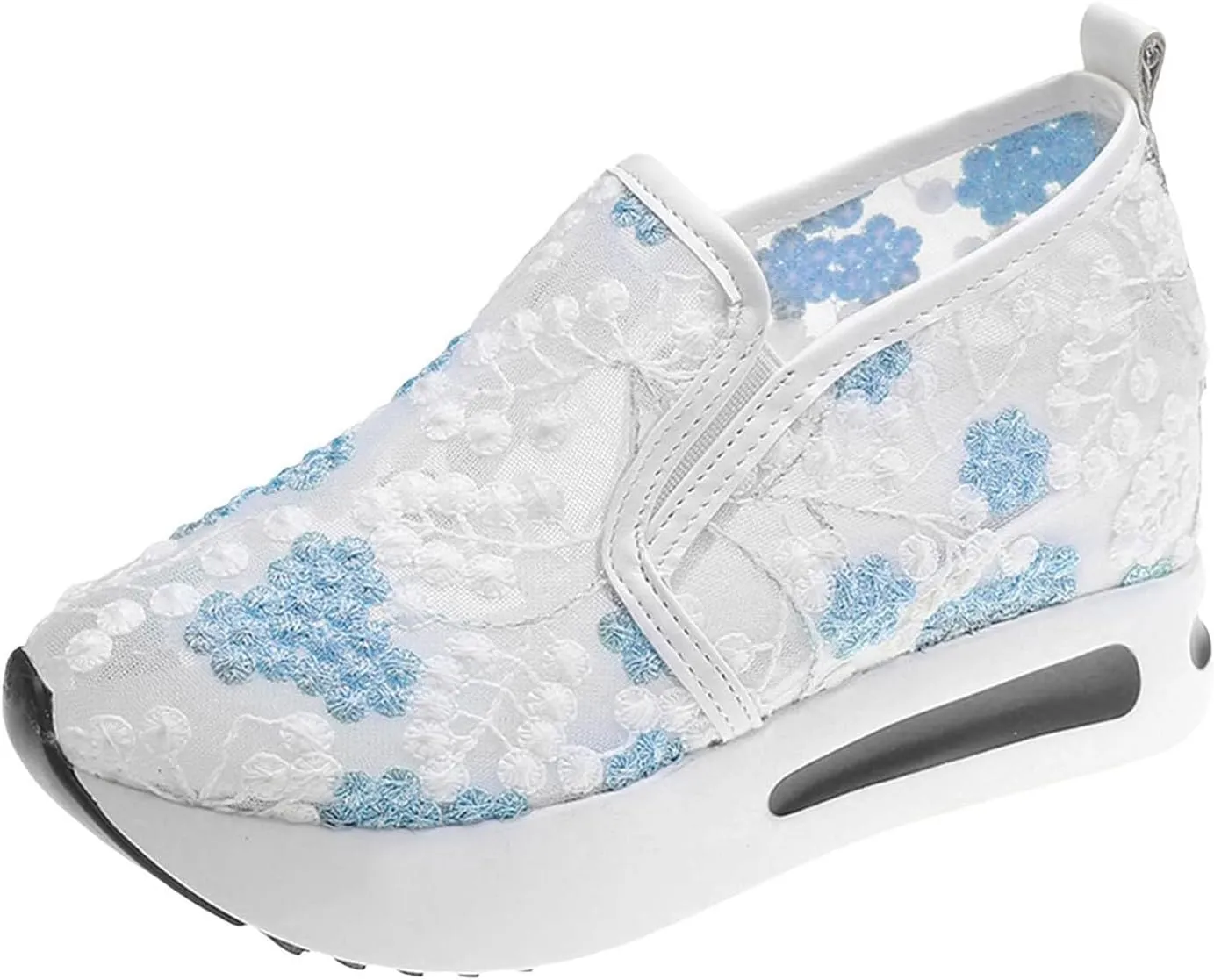 Platform Wedge Sneakers for Women Fashion Mesh Shoes Embroidery Slip On Womens Loafers Comfortable Dressy Chunky Sole High Heels Breathable Walking Shoes with Arch Support