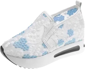 Platform Wedge Sneakers for Women Fashion Mesh Shoes Embroidery Slip On Womens Loafers Comfortable Dressy Chunky Sole High Heels Breathable Walking Shoes with Arch Support