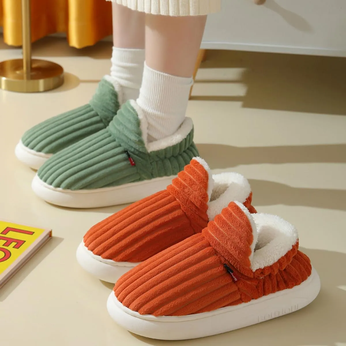 Pluffi Slipper Booties Women Men, Winter Thick Plush Warm Anti-Slip Cloud Slides,Striped Ankle Heeled Sandals Shoes