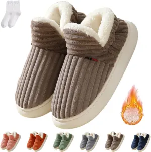 Pluffi Slipper Booties Women Men, Winter Thick Plush Warm Anti-Slip Cloud Slides,Striped Ankle Heeled Sandals Shoes