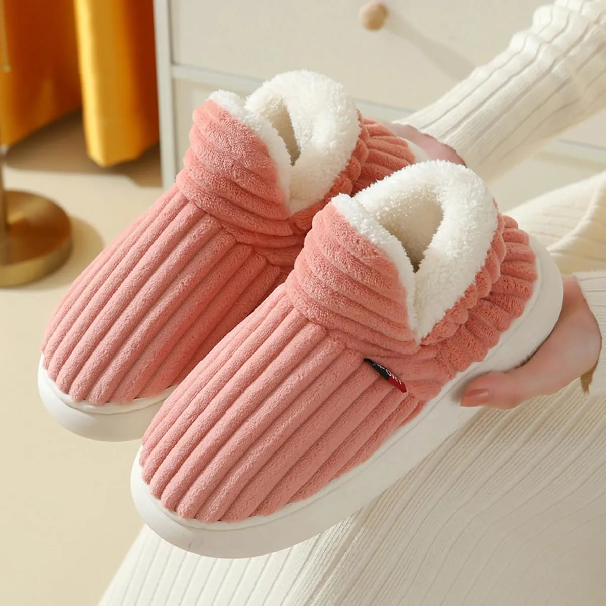 Pluffi Slipper Booties Women Men, Winter Thick Plush Warm Anti-Slip Cloud Slides,Striped Ankle Heeled Sandals Shoes