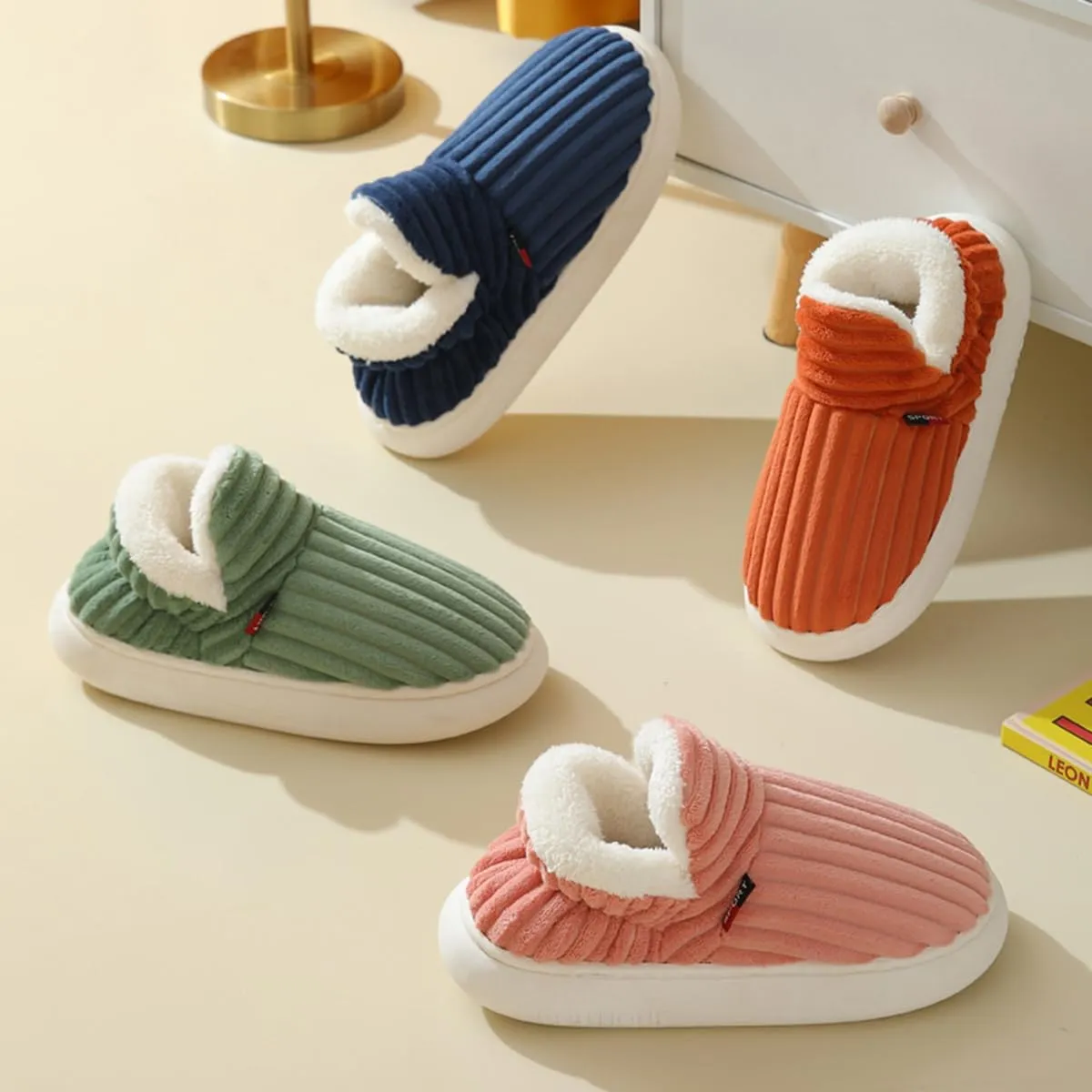 Pluffi Slipper Booties Women Men, Winter Thick Plush Warm Anti-Slip Cloud Slides,Striped Ankle Heeled Sandals Shoes
