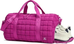 Quilted Duffel Bag for Women, Puffer Gym Duffle Bag with Shoe Compartment Lightweight Large Crossbody Sport Bag Travel Tote Fuchsia