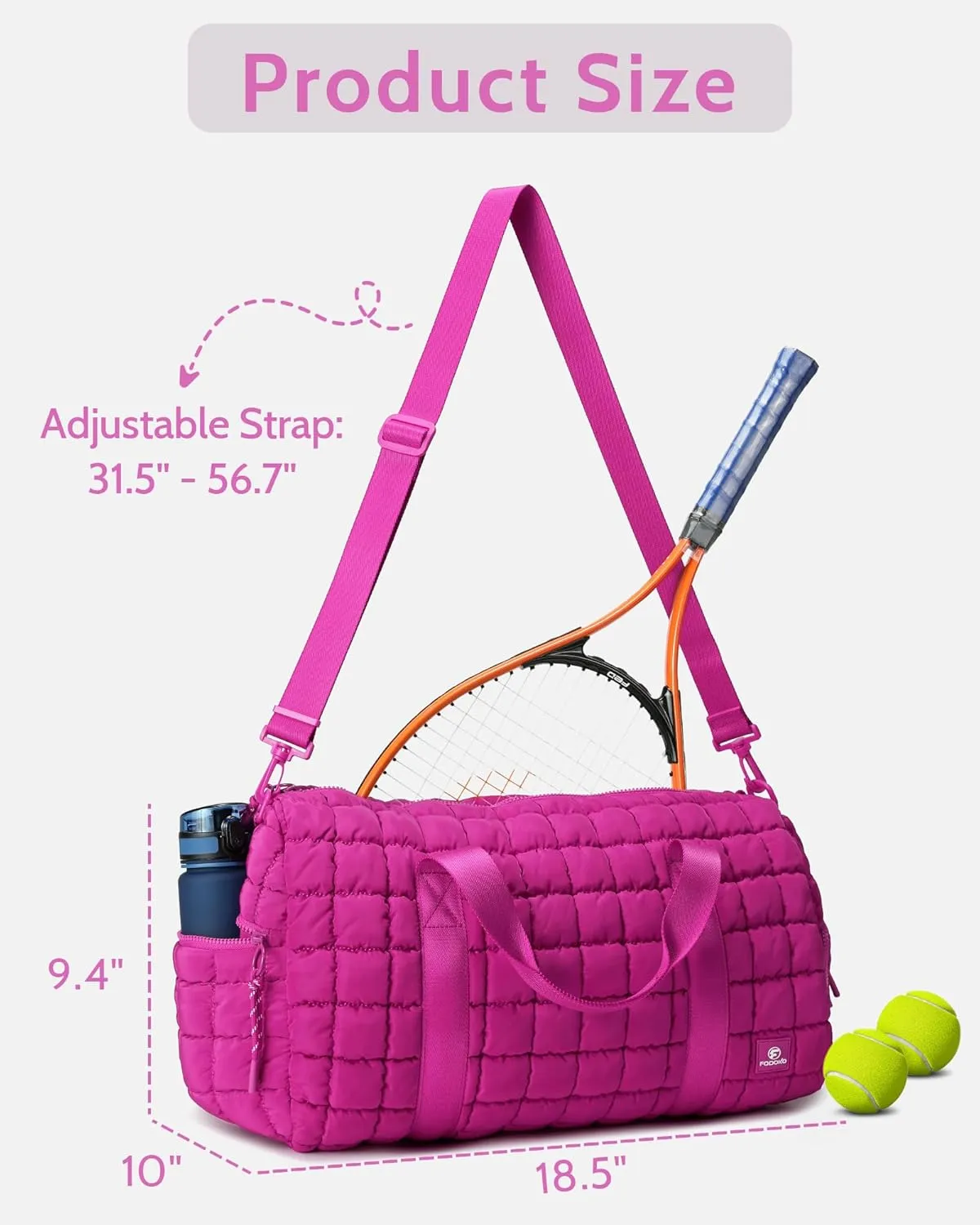 Quilted Duffel Bag for Women, Puffer Gym Duffle Bag with Shoe Compartment Lightweight Large Crossbody Sport Bag Travel Tote Fuchsia