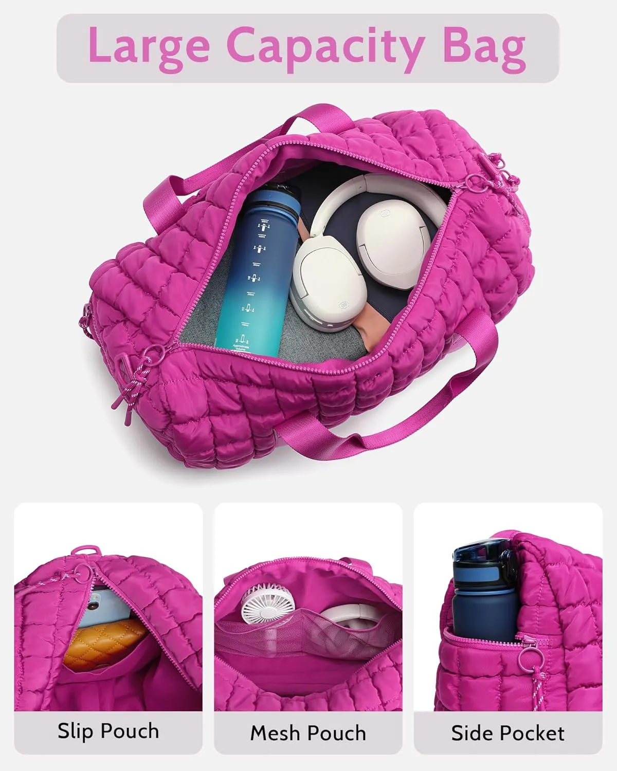 Quilted Duffel Bag for Women, Puffer Gym Duffle Bag with Shoe Compartment Lightweight Large Crossbody Sport Bag Travel Tote Fuchsia