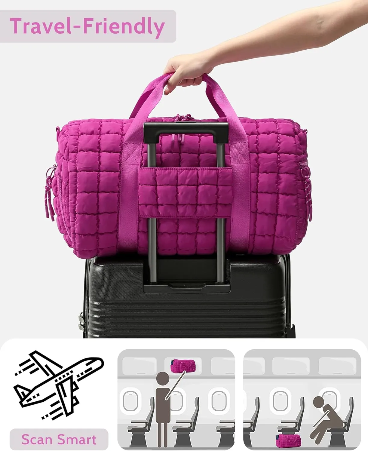 Quilted Duffel Bag for Women, Puffer Gym Duffle Bag with Shoe Compartment Lightweight Large Crossbody Sport Bag Travel Tote Fuchsia