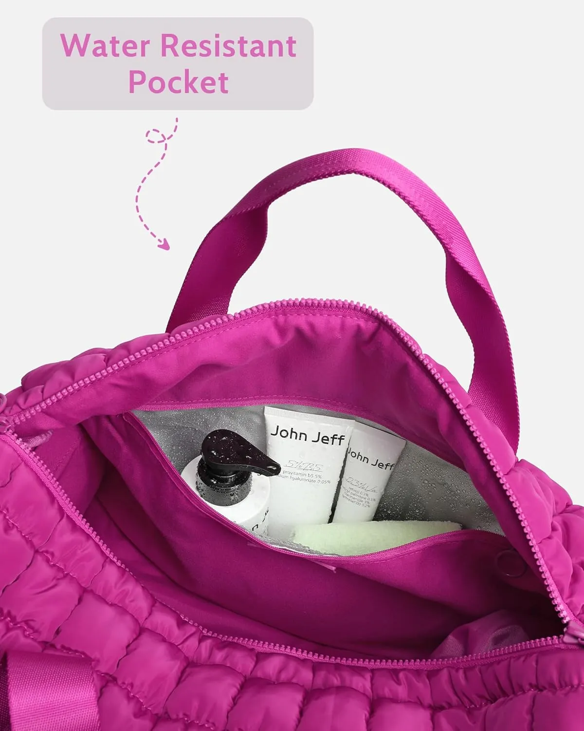 Quilted Duffel Bag for Women, Puffer Gym Duffle Bag with Shoe Compartment Lightweight Large Crossbody Sport Bag Travel Tote Fuchsia