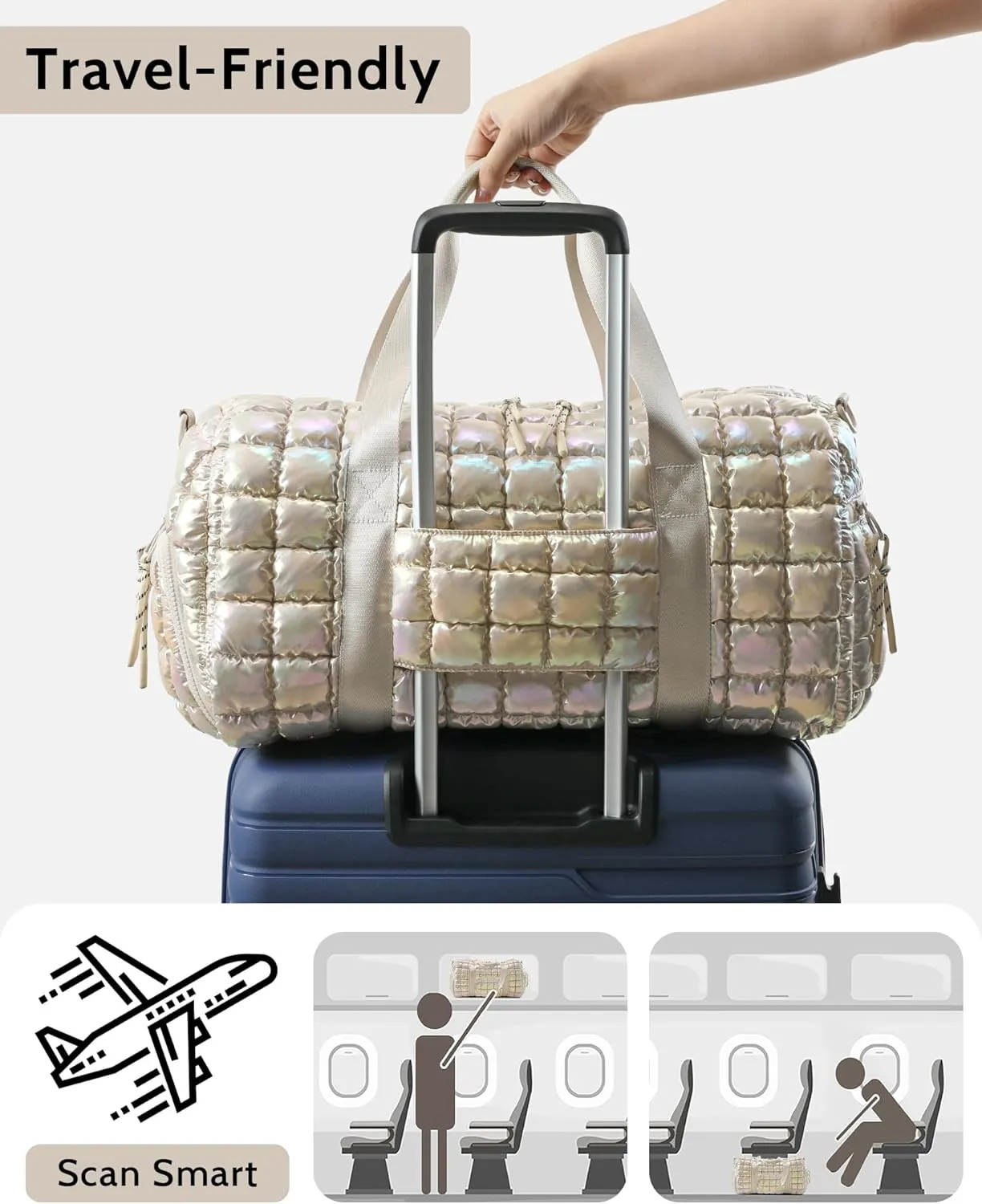 Quilted Duffel Bag for Women, Puffer Gym Duffle Bag with Shoe Compartment Lightweight Large Crossbody Sport Travel Bag Tote Beige Mermaid