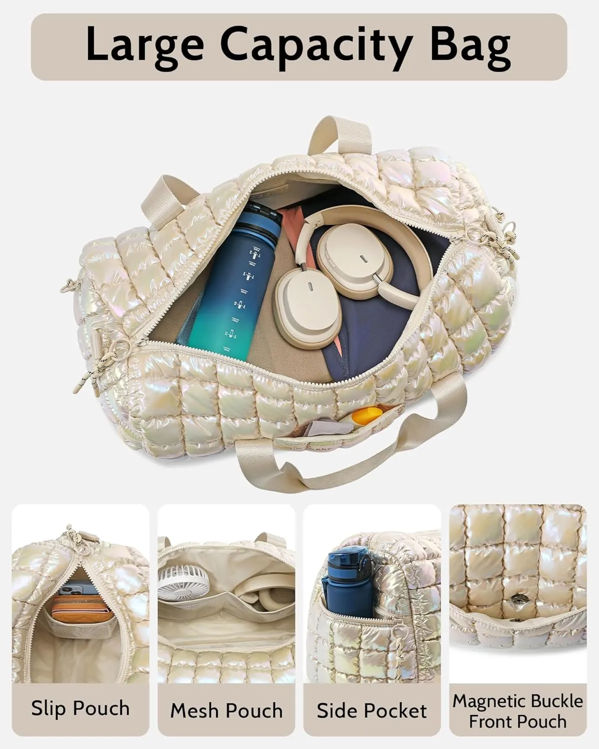 Quilted Duffel Bag for Women, Puffer Gym Duffle Bag with Shoe Compartment Lightweight Large Crossbody Sport Travel Bag Tote Beige Mermaid