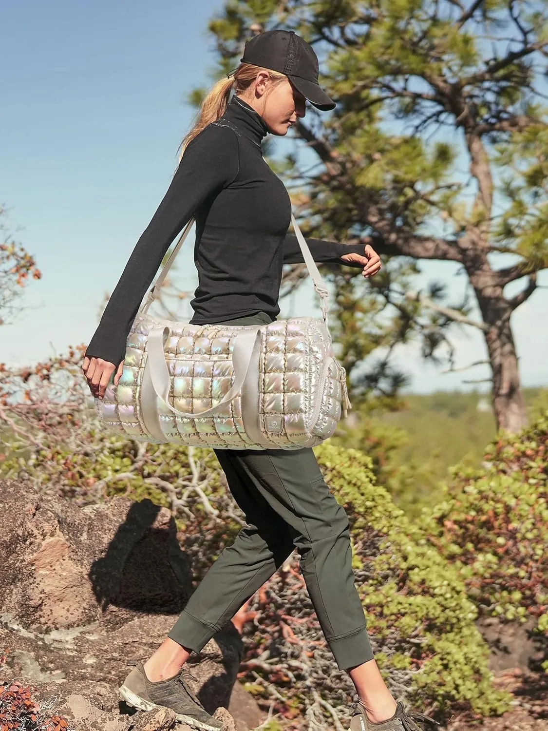 Quilted Duffel Bag for Women, Puffer Gym Duffle Bag with Shoe Compartment Lightweight Large Crossbody Sport Travel Bag Tote Beige Mermaid