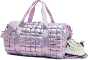Quilted Duffel Bag for Women, Puffer Gym Duffle Bag with Shoe Compartment Lightweight Large Crossbody Sport Travel Bag Tote Purple Lilac
