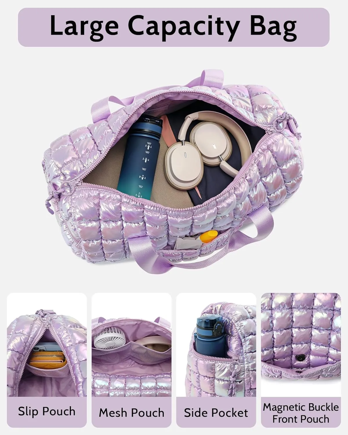 Quilted Duffel Bag for Women, Puffer Gym Duffle Bag with Shoe Compartment Lightweight Large Crossbody Sport Travel Bag Tote Purple Lilac