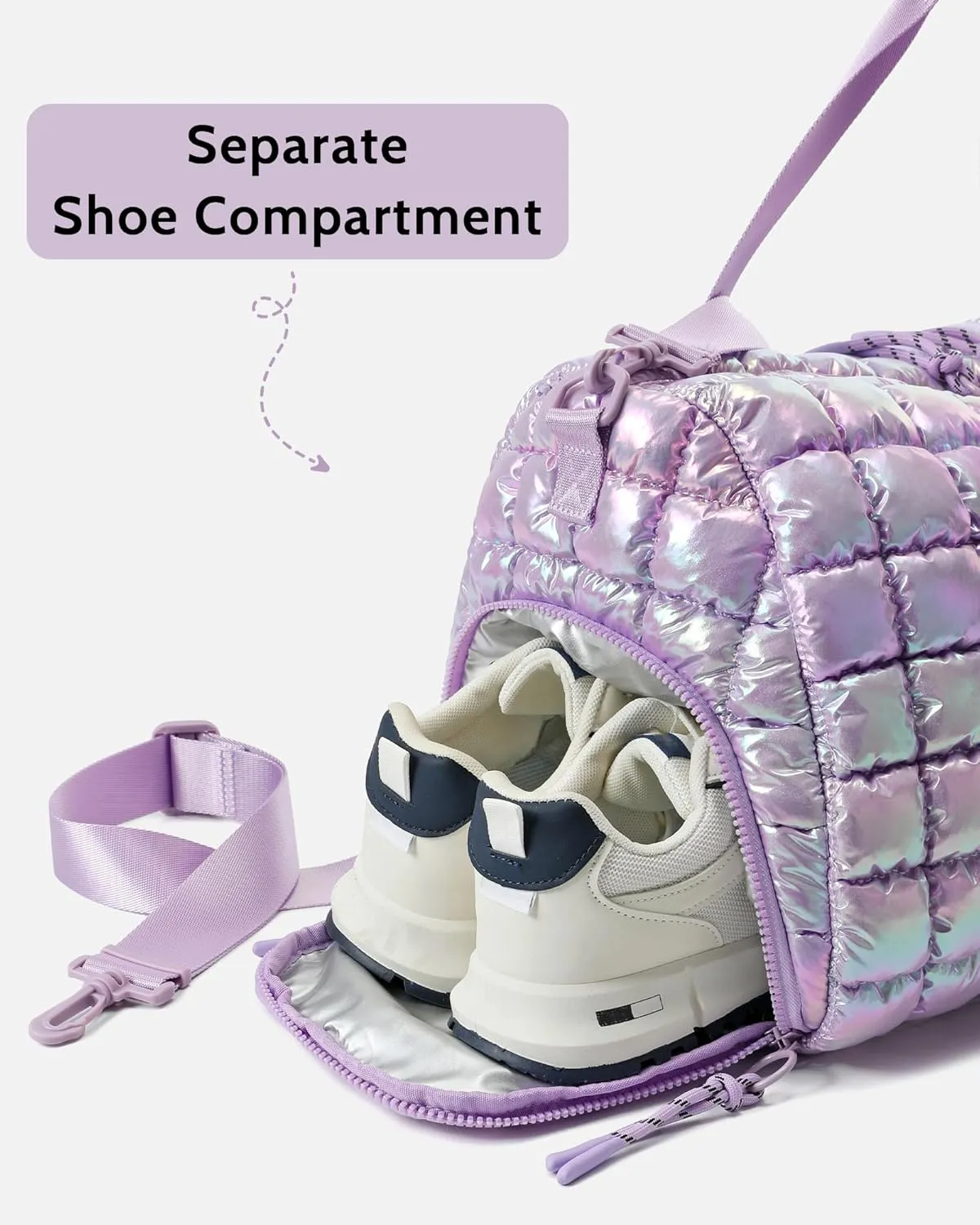 Quilted Duffel Bag for Women, Puffer Gym Duffle Bag with Shoe Compartment Lightweight Large Crossbody Sport Travel Bag Tote Purple Lilac
