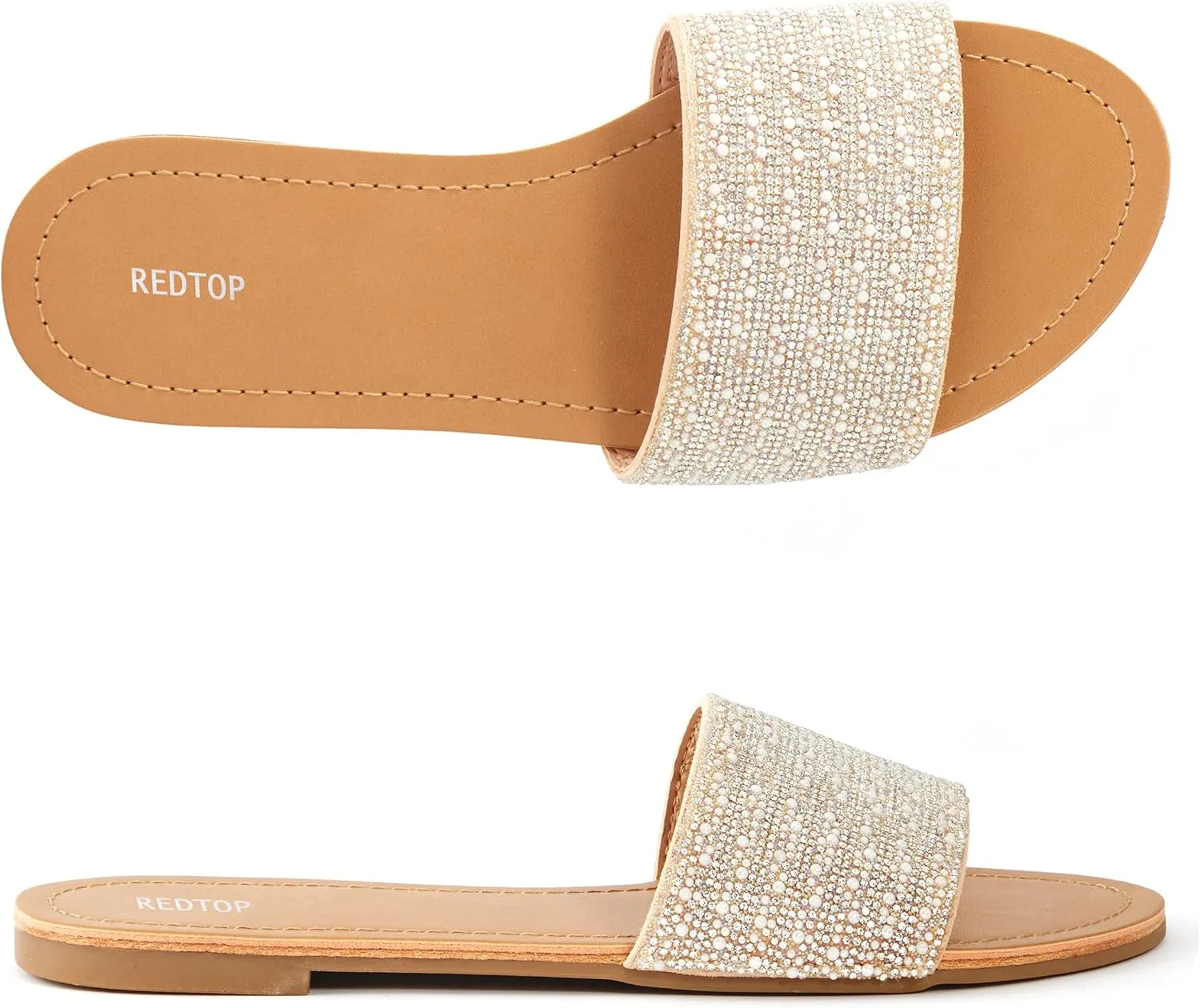 REDTOP Women's Rhinestone Sandals Slide Glitter Bling Casual Sandal Flat Open Toe Sparkle Slides