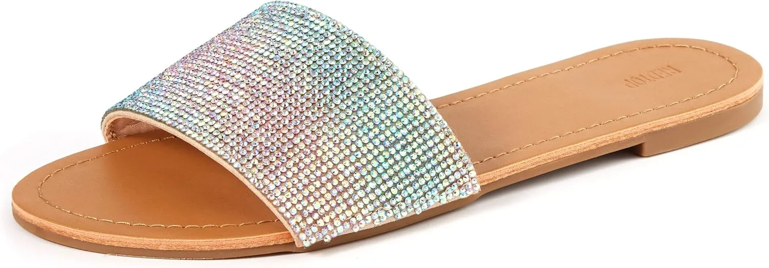 REDTOP Women's Rhinestone Sandals Slide Glitter Bling Casual Sandal Flat Open Toe Sparkle Slides