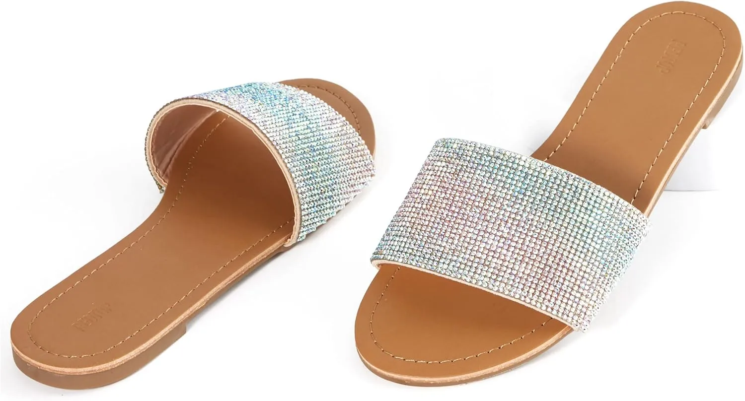 REDTOP Women's Rhinestone Sandals Slide Glitter Bling Casual Sandal Flat Open Toe Sparkle Slides