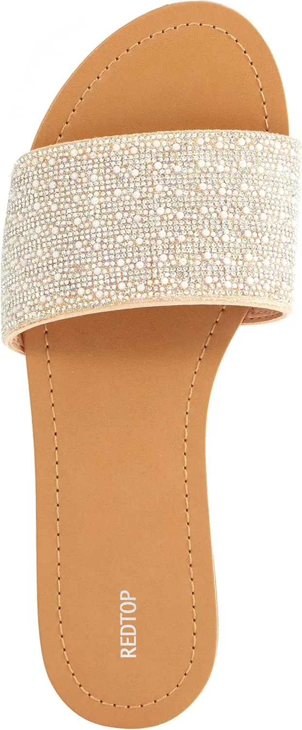 REDTOP Women's Rhinestone Sandals Slide Glitter Bling Casual Sandal Flat Open Toe Sparkle Slides