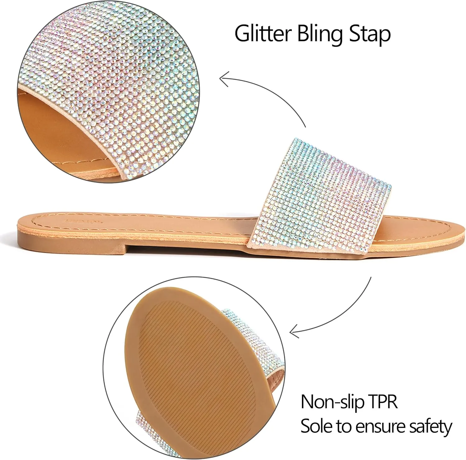 REDTOP Women's Rhinestone Sandals Slide Glitter Bling Casual Sandal Flat Open Toe Sparkle Slides