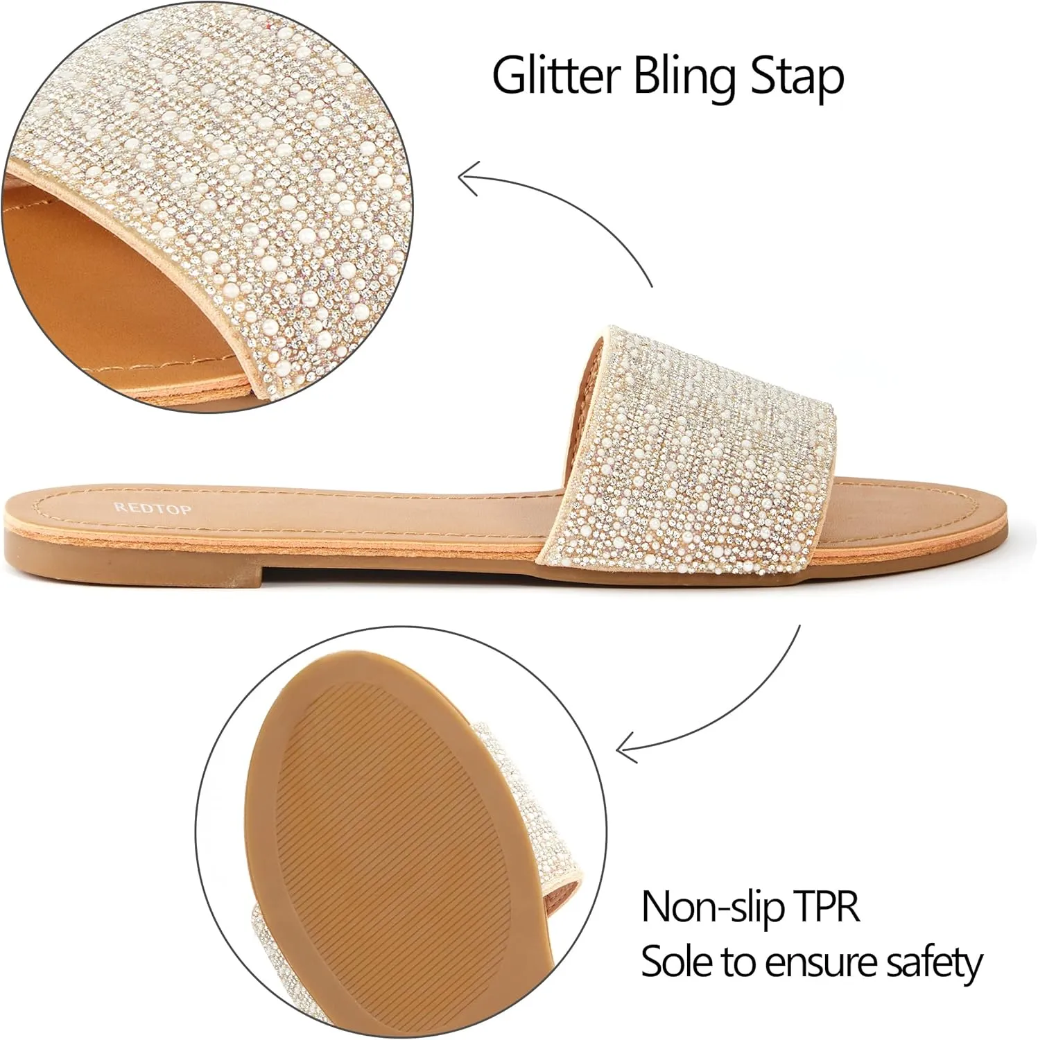 REDTOP Women's Rhinestone Sandals Slide Glitter Bling Casual Sandal Flat Open Toe Sparkle Slides