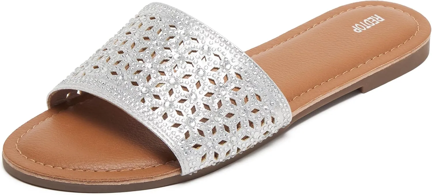 REDTOP Women's Rhinestone Sandals Slide Glitter Bling Casual Sandal Flat Open Toe Sparkle Slides