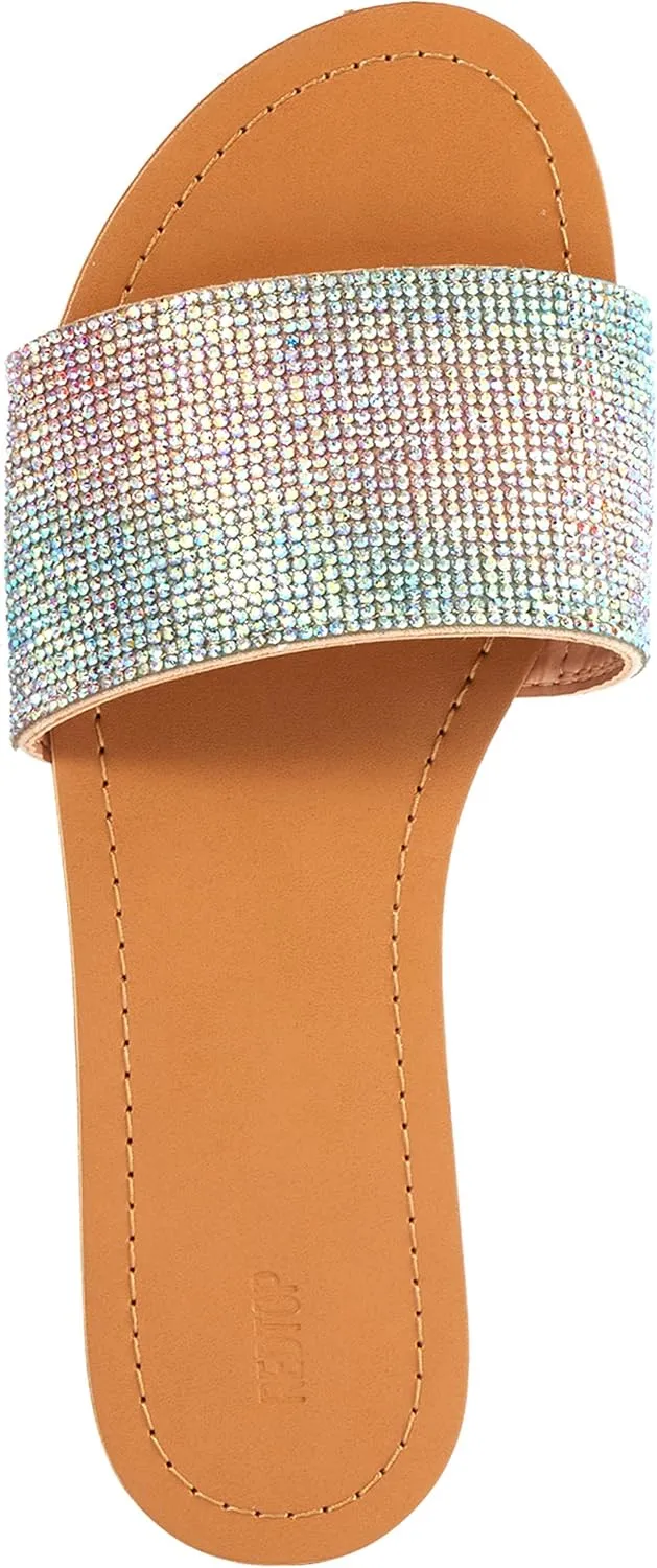 REDTOP Women's Rhinestone Sandals Slide Glitter Bling Casual Sandal Flat Open Toe Sparkle Slides