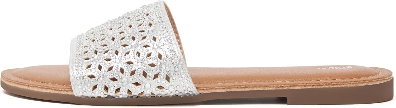 REDTOP Women's Rhinestone Sandals Slide Glitter Bling Casual Sandal Flat Open Toe Sparkle Slides