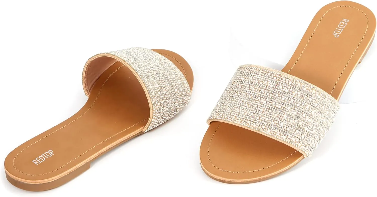REDTOP Women's Rhinestone Sandals Slide Glitter Bling Casual Sandal Flat Open Toe Sparkle Slides