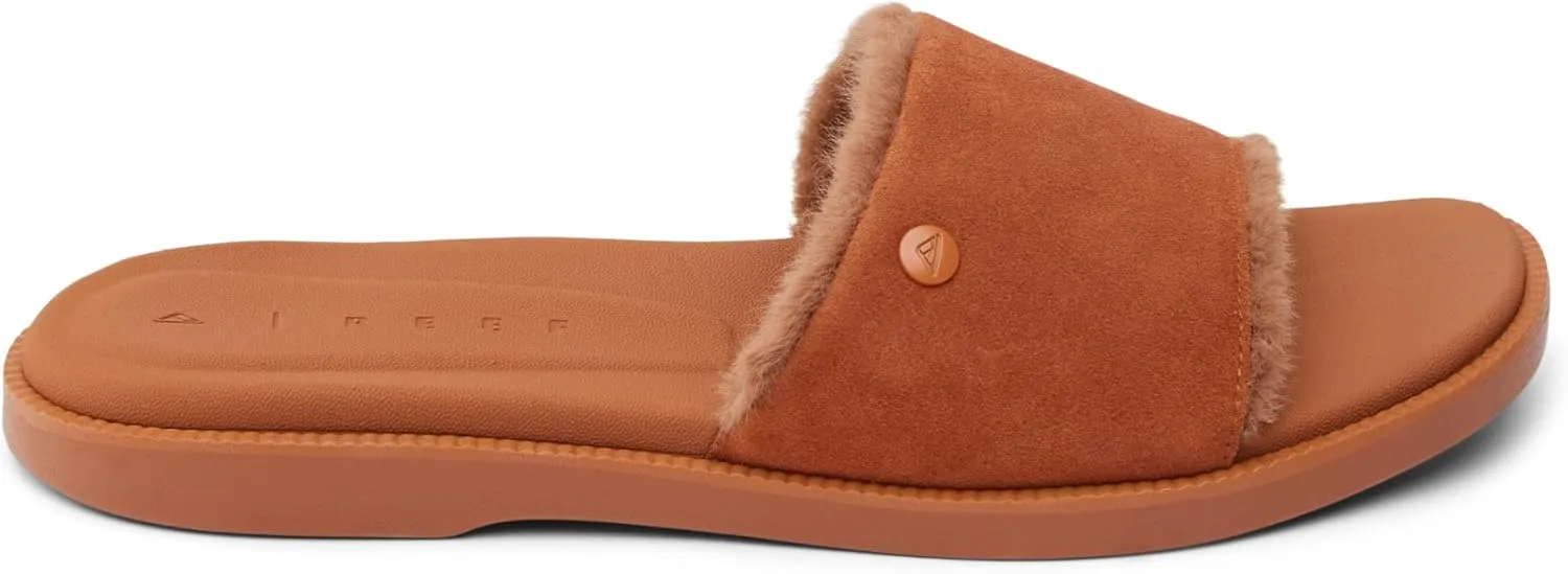 REEF Sunny Arrianah Cozy Women's Slide Sandal, Full Grain Leather, Soft Faux Fur Lined Strap