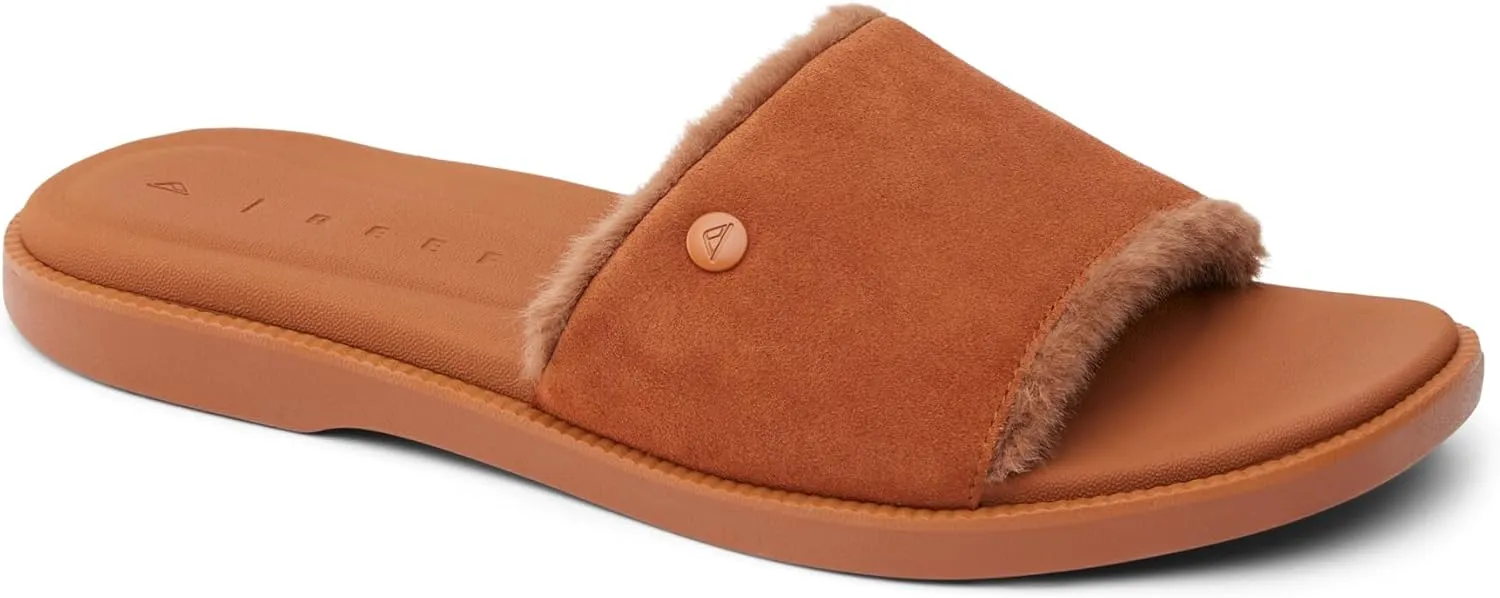 REEF Sunny Arrianah Cozy Women's Slide Sandal, Full Grain Leather, Soft Faux Fur Lined Strap