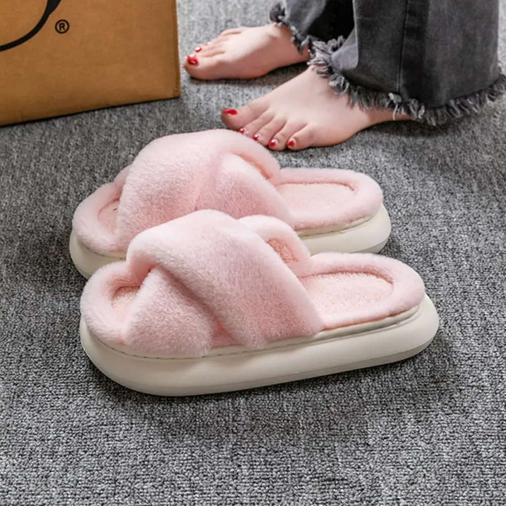 RErom Women Cross Band Faux Fur Fuzzy Slippers Plush Fluffy Furry Open Toe Slide Slipper Cozy Memory Foam Anti-Skid Sole Indoor Outdoor House Home Bedroom Slippers