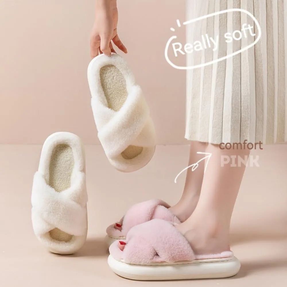 RErom Women Cross Band Faux Fur Fuzzy Slippers Plush Fluffy Furry Open Toe Slide Slipper Cozy Memory Foam Anti-Skid Sole Indoor Outdoor House Home Bedroom Slippers