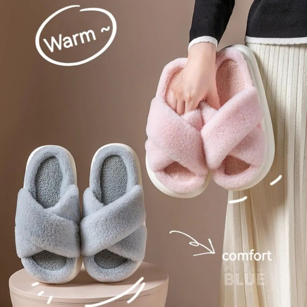 RErom Women Cross Band Faux Fur Fuzzy Slippers Plush Fluffy Furry Open Toe Slide Slipper Cozy Memory Foam Anti-Skid Sole Indoor Outdoor House Home Bedroom Slippers