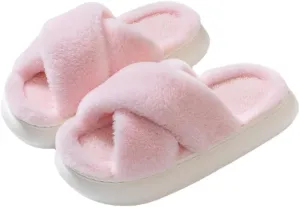 RErom Women Cross Band Faux Fur Fuzzy Slippers Plush Fluffy Furry Open Toe Slide Slipper Cozy Memory Foam Anti-Skid Sole Indoor Outdoor House Home Bedroom Slippers