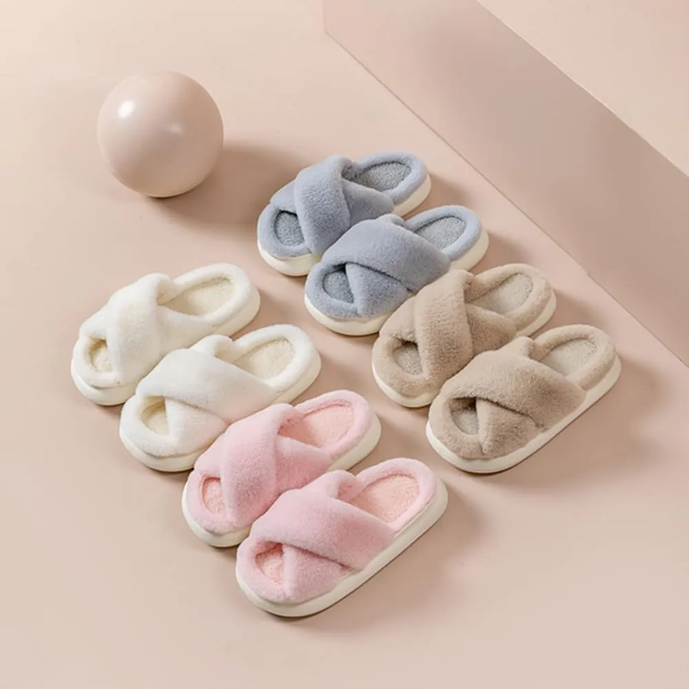 RErom Women Cross Band Faux Fur Fuzzy Slippers Plush Fluffy Furry Open Toe Slide Slipper Cozy Memory Foam Anti-Skid Sole Indoor Outdoor House Home Bedroom Slippers