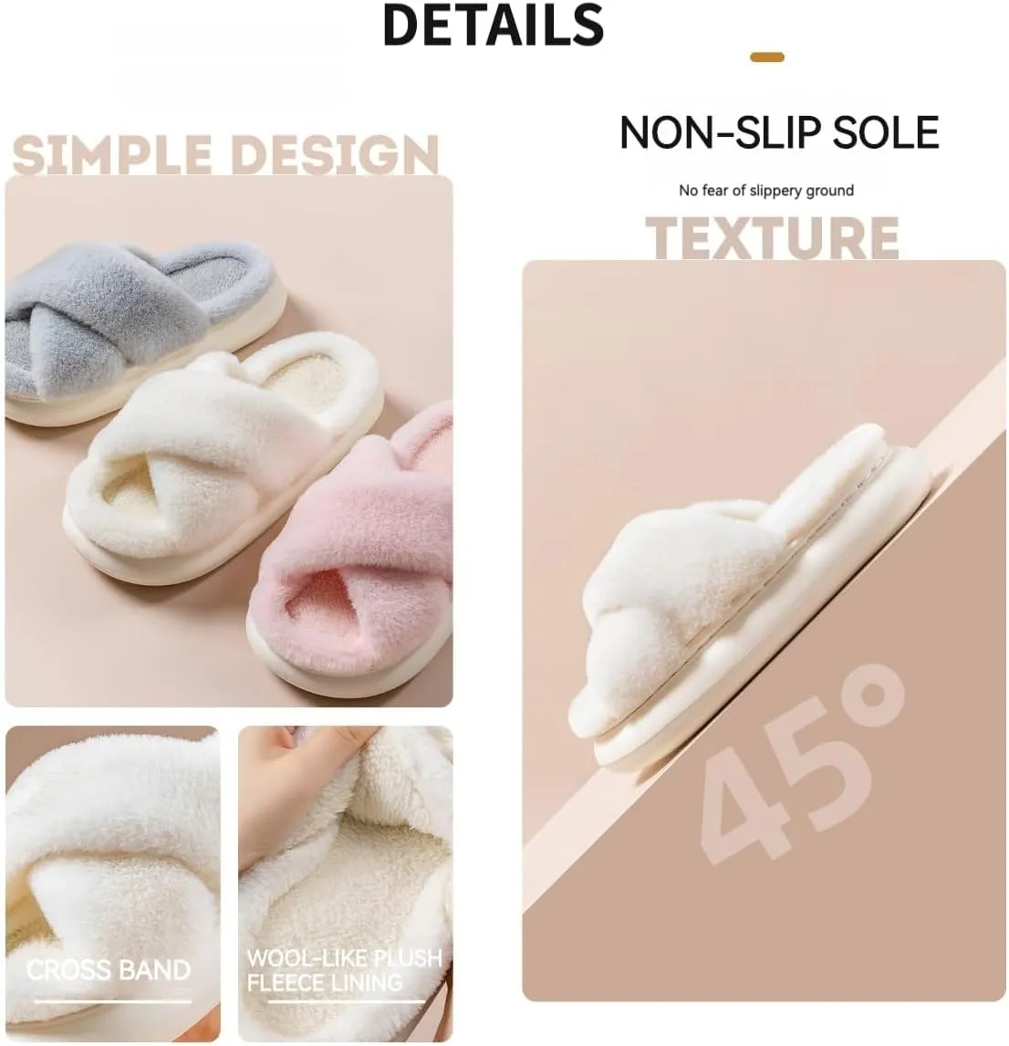 RErom Women Cross Band Faux Fur Fuzzy Slippers Plush Fluffy Furry Open Toe Slide Slipper Cozy Memory Foam Anti-Skid Sole Indoor Outdoor House Home Bedroom Slippers