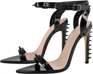 richealnini Women's Rivets Stiletto Heels Sandals with Adjustable Buckle Rivets Ankle Strap Pointed Toe Stiletto Heel Strappy Heels for Women