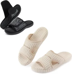 RockDove Set of 2 Pairs - Women's Adjustable Memory Foam Slipper (Size L,Black) Ribbed Corduroy Slipper (Size 9,White)