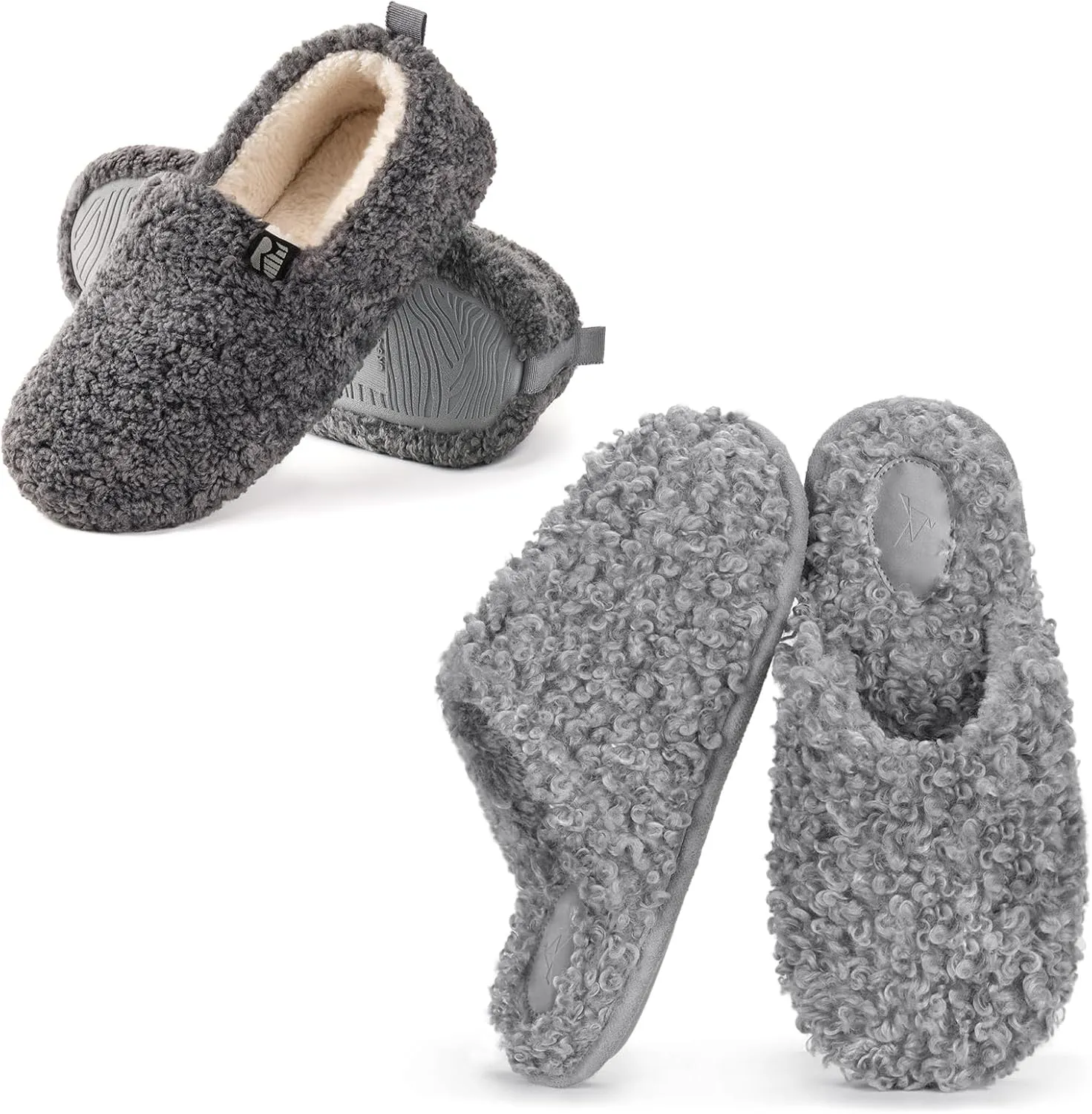 RockDove Set of 2 Pairs - Women's Size 6, Faux Shearling Closed Back Slipper (Cool Grey) Twirl Fleece Fuzzy House Scuff Slipper (Ash Grey)