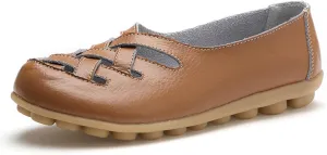 Sandals for Women 2025 Breathable Leather Loafers Hollow Soft-Soled Wedges Comfortable Cowhide Leather Shoes Brown