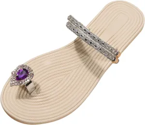 Sandals for Women Summer Rhinestone Flat Sandals Comfortable Ring Toe Slippers, Open Toe Ankle Strap Slip on Sandal Beach Comfy Clip Toe Flip Flops