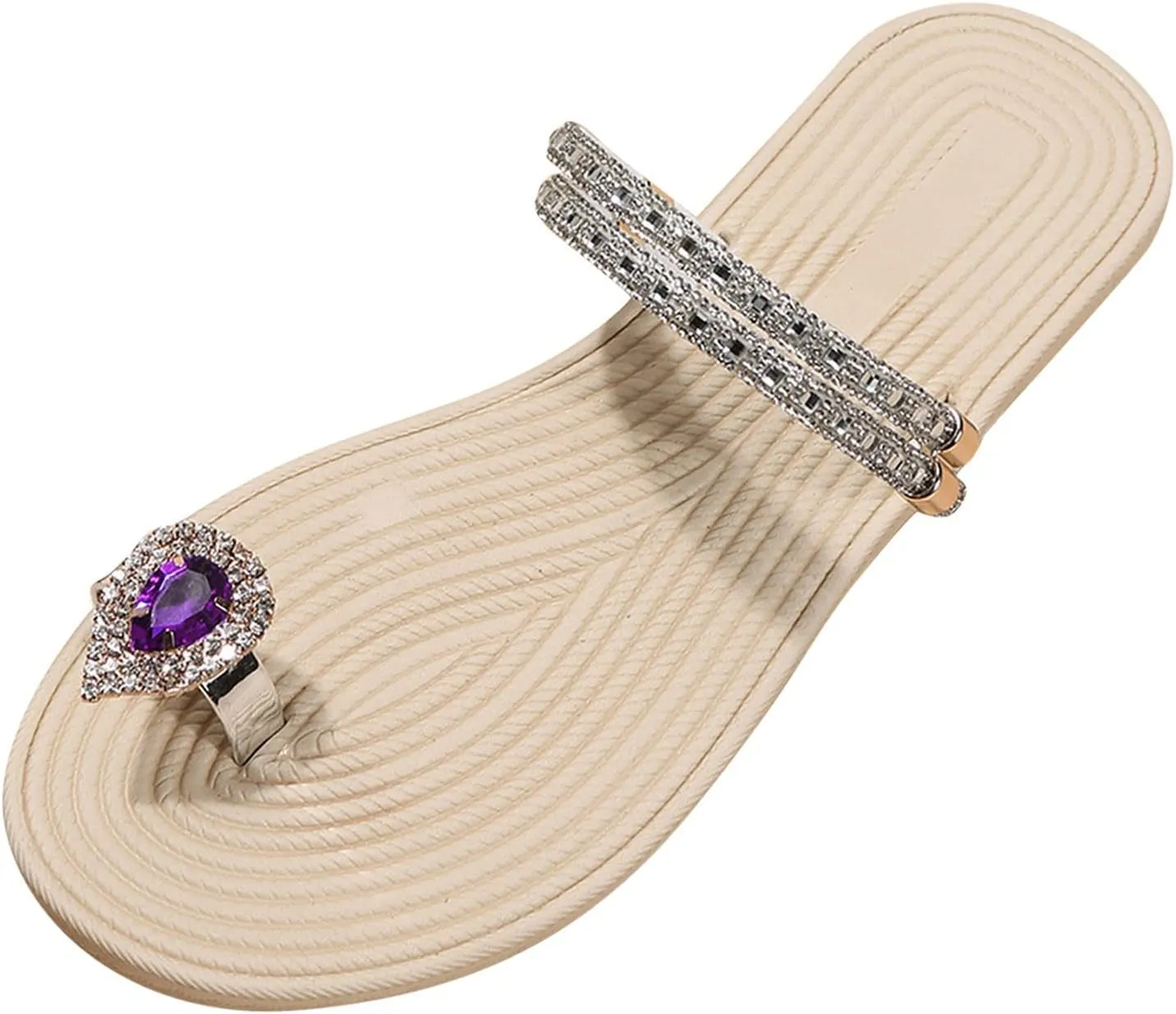Sandals for Women Summer Rhinestone Flat Sandals Comfortable Ring Toe Slippers, Open Toe Ankle Strap Slip on Sandal Beach Comfy Clip Toe Flip Flops