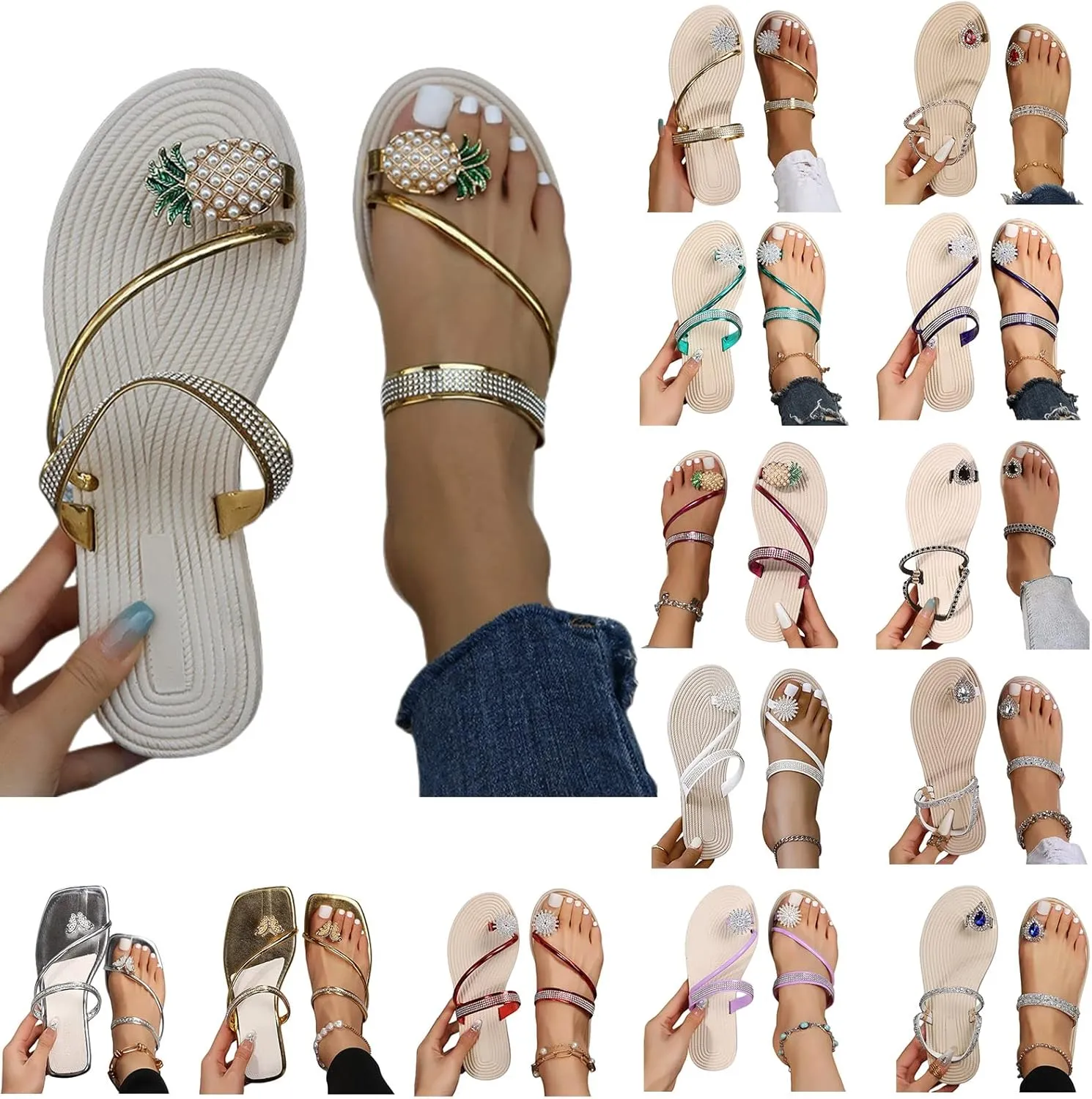 Sandals for Women Summer Rhinestone Flat Sandals Comfortable Ring Toe Slippers, Open Toe Ankle Strap Slip on Sandal Beach Comfy Clip Toe Flip Flops