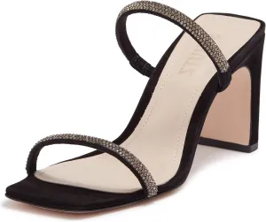 SCHUTZ Salwa Black Suede Rhinestone Open Toe Thin Strap Mid Heel Mule Sandals, 10