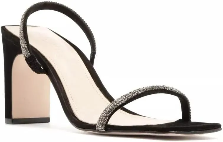 SCHUTZ Salwa Black Suede Rhinestone Open Toe Thin Strap Mid Heel Mule Sandals, 10